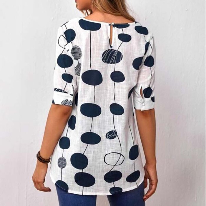Cotton Linen Dot Print Dovetail Short Sleeves Top