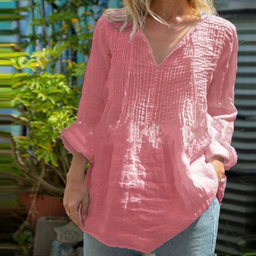 Ladies Pleated Casual Cotton Linen Shirt