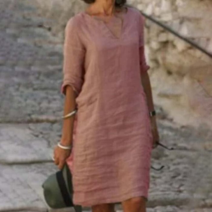 Solid Color V-Neck Cotton Linen Casual Dress
