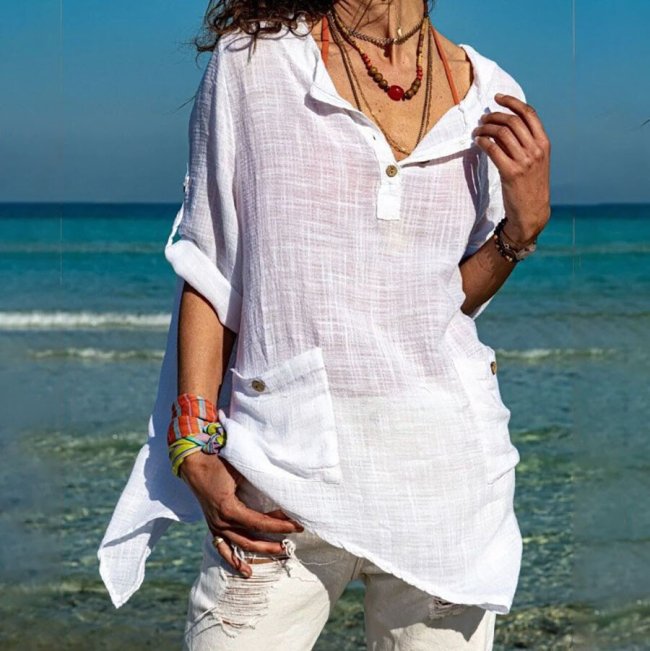 White Cotton And Linen Casual Shirt Top