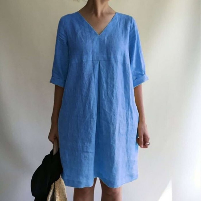 Pure Color Casual Cotton And Linen V-neck Dress