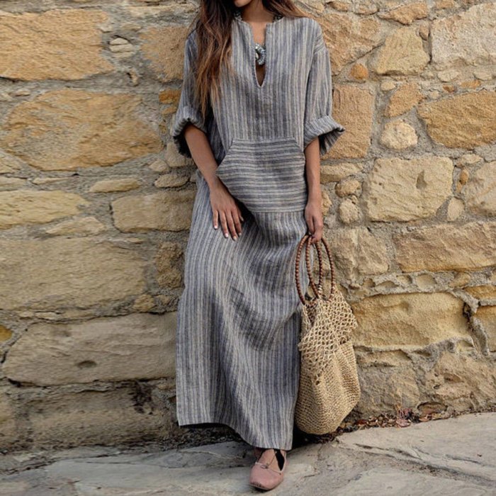 Casual Loose Cotton And Linen Stripe Dress
