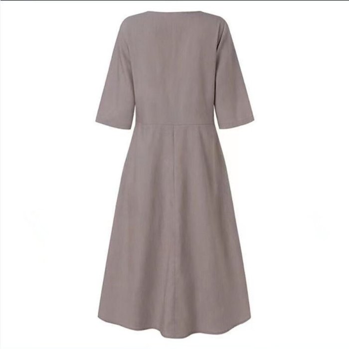 Solid Color Cotton Linen Casual Dress