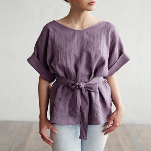 Purple Casual Cotton And Linen Lacing Top