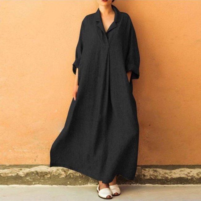 Pure Color Casual Cotton And Linen Long Dress