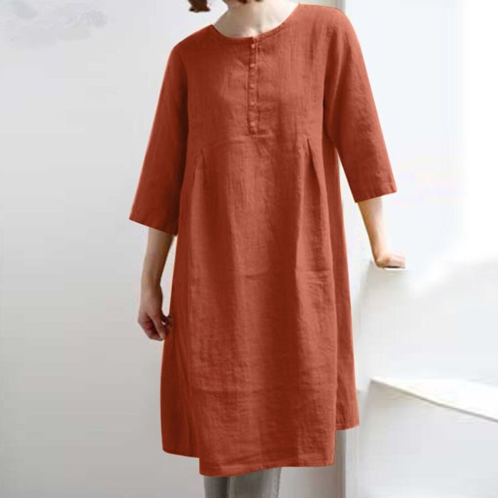 Solid Color Cotton And Linen Casual  Dress