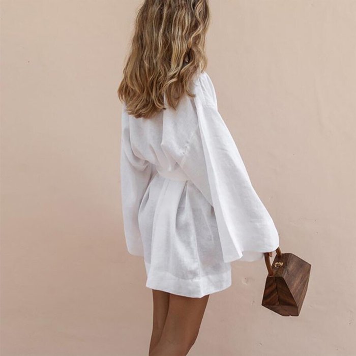 Solid Color Loose Cotton And Linen Lacing Shirt Dress