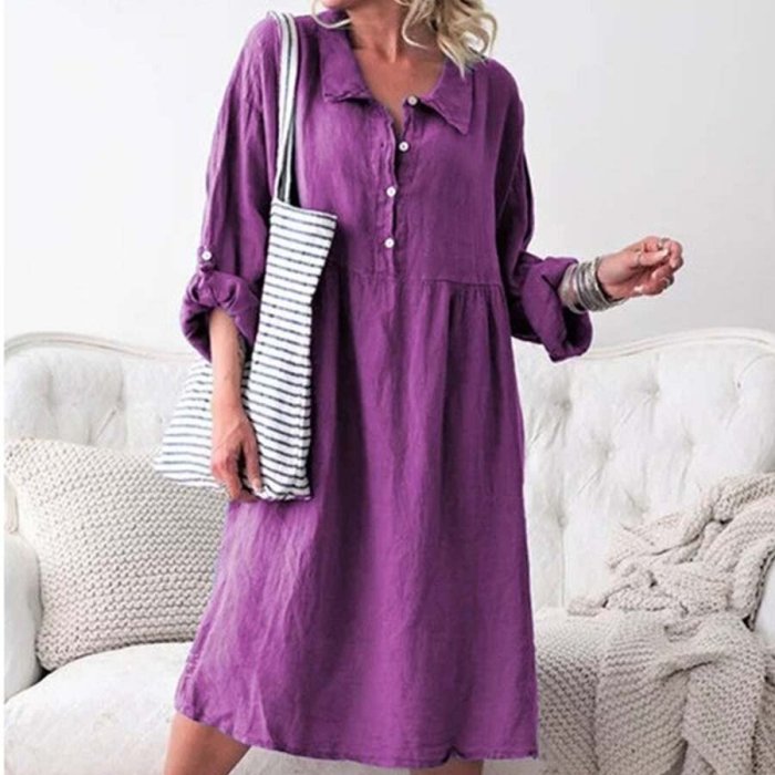 Women's Casual Loose Button Mid-Length Cotton Linen Dress