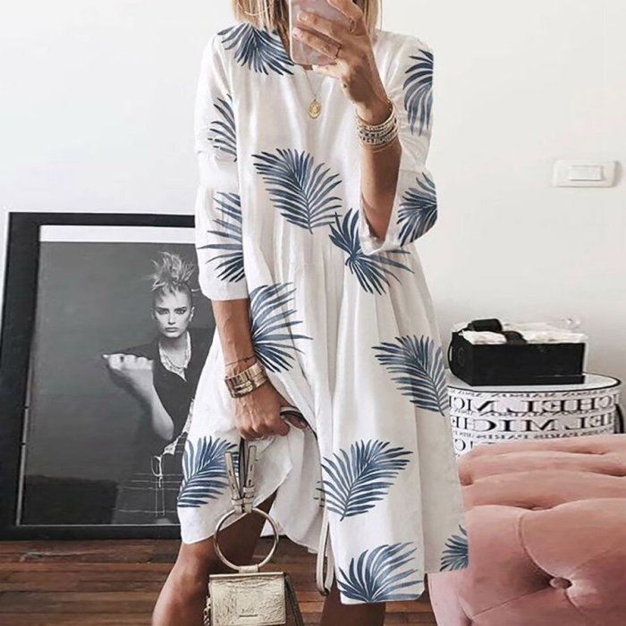 Loose Casual Cotton And Linen Tree Leaf Print Dress