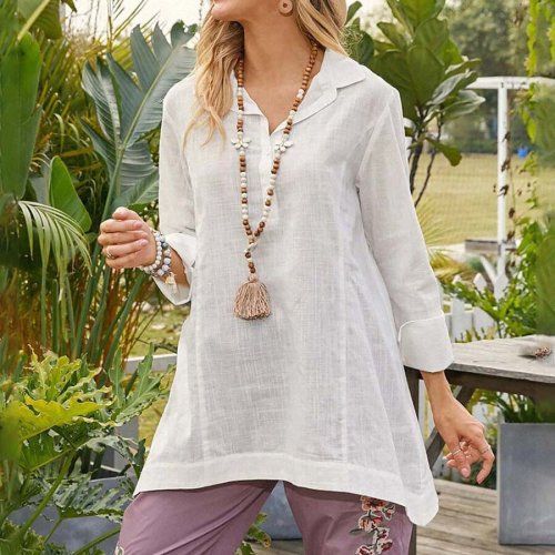 Solid Color  Cotton And Linen Casual Shirt Top