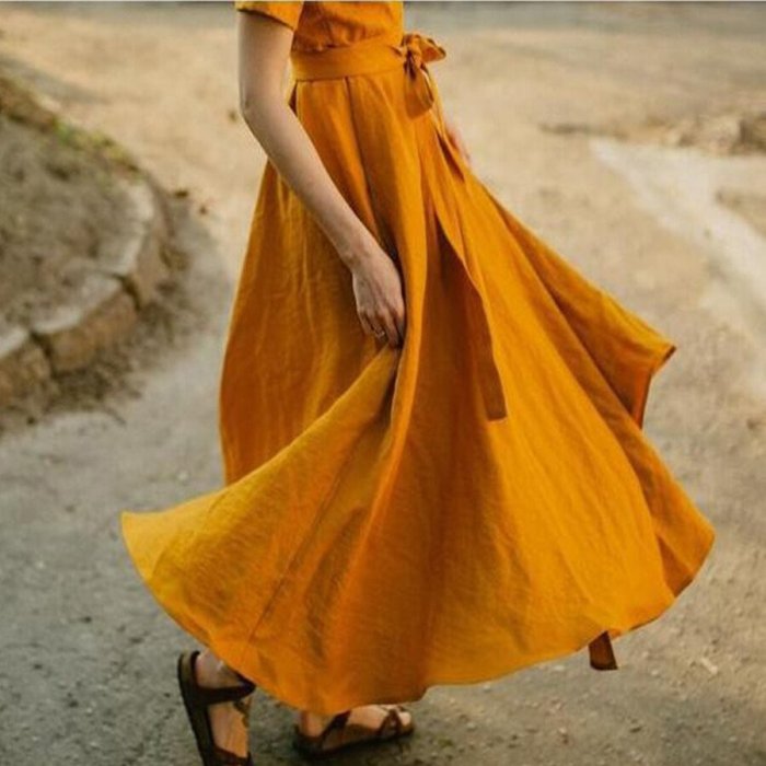 Orange Casual Vintage Elegant V-Neck Cotton Linen Dress