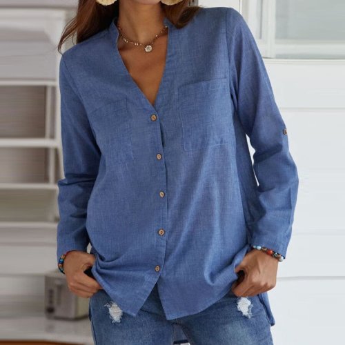 Ladies Cotton Linen V-Neck Solid Color Long Sleeve Shirt