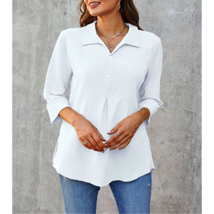 Solid Color Cotton Linen Lapel Slit Tuxedo Shirt Top
