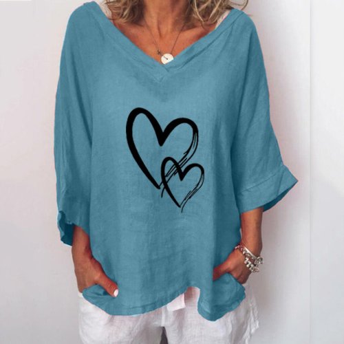 Love printed V-neck three-quarter sleeve cotton and linen loose top