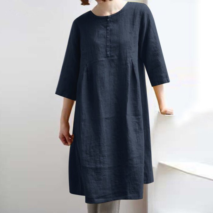 Solid Color Cotton And Linen Casual  Dress
