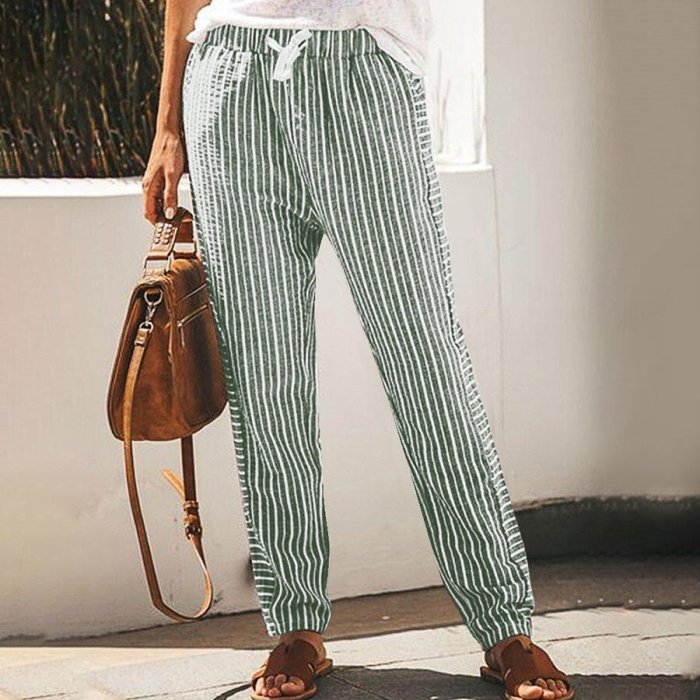 Stripe Lacing Cotton Linen Loose Casual Pants
