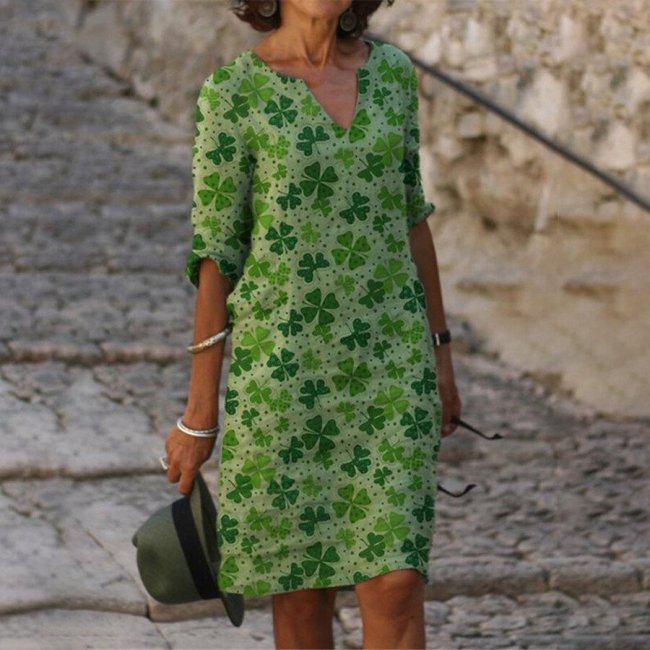 Green Printed Cotton Linen Short Sleeve V-Neck Dress