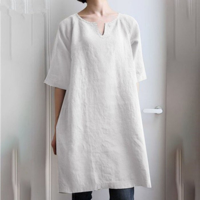 Solid Color V-Neck Cotton Linen Casual Dress