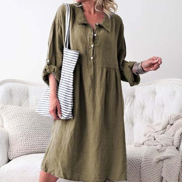 Women's Casual Loose Button Mid-Length Cotton Linen Dress