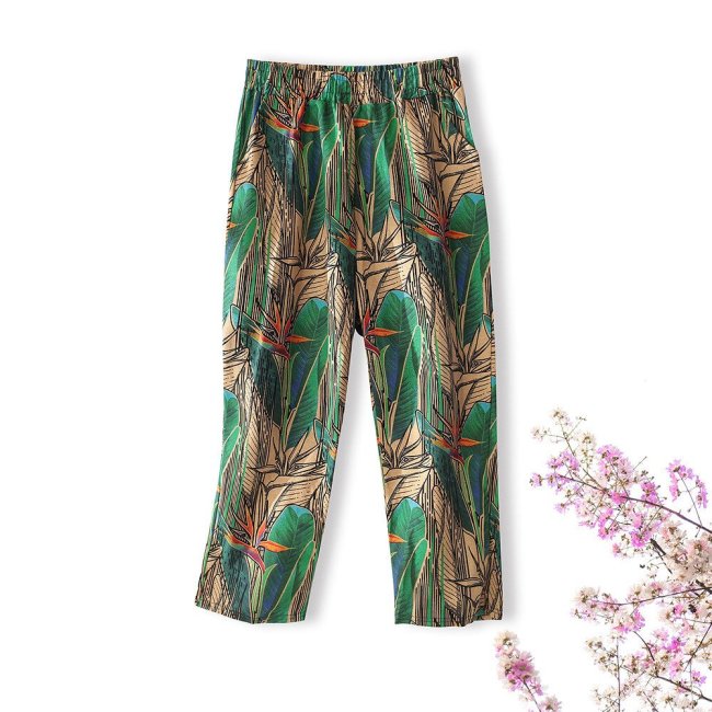 Cotton linen casual printed trousers