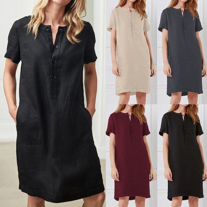 Button linen loose short-sleeved mid-length women's dress