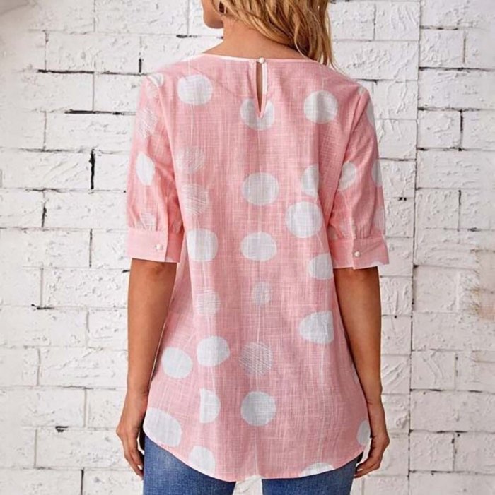 Cotton Linen Dot Print Dovetail Short Sleeves Top