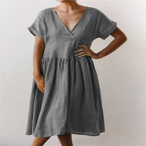 Cotton Linen Pocket V-Neck Short Sleeve Ladies Dress