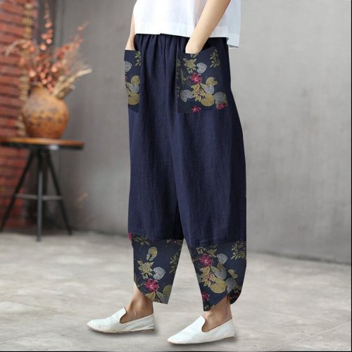 Ladies Stitching Printed Cotton And Linen Wide-Leg Pants Casual Pants