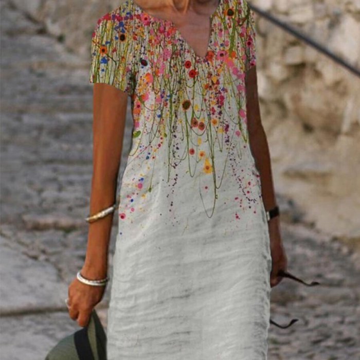 Casual Floral Print V-Neck Cotton Linen Dress