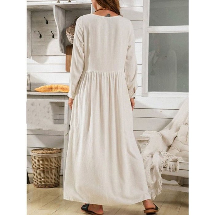 White Cotton And Linen Splicing Long Dress