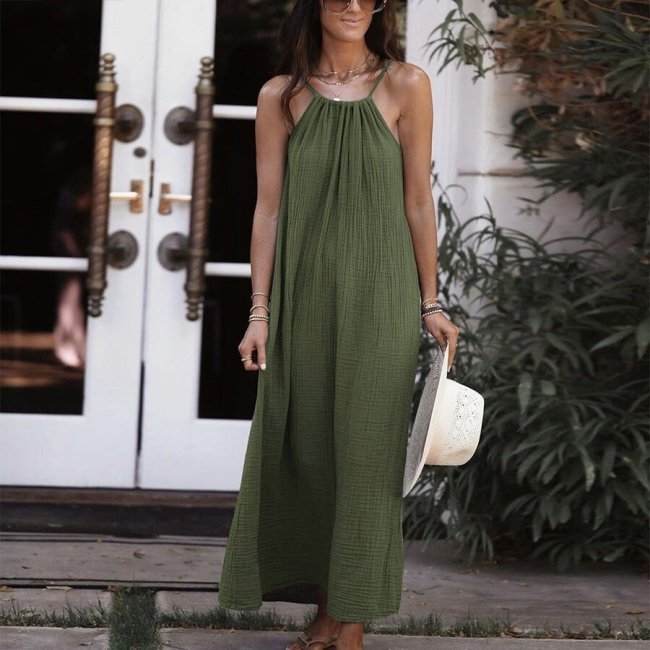 Army Green Casual Cotton And Linen Suspenders Dress