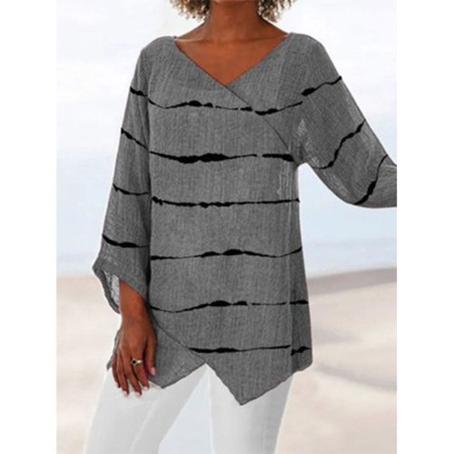 Women's Cotton Linen Stripe lLong Sleeve T-Shirt