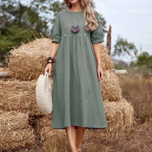 Women's Cotton Linen Short Sleeve Loose Dresses
