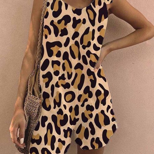 Women's Leopard Print Cotton Linen Jumpsuit