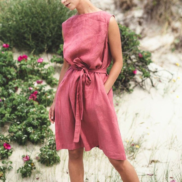 Solid Color Lacing Cotton And Linen Sleeveless Dress
