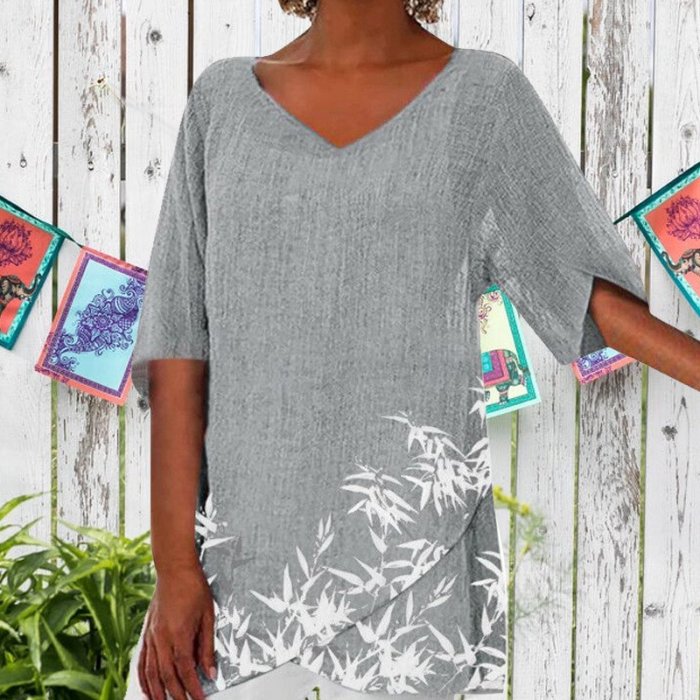 Printed V-Neck Cotton And Linen Top