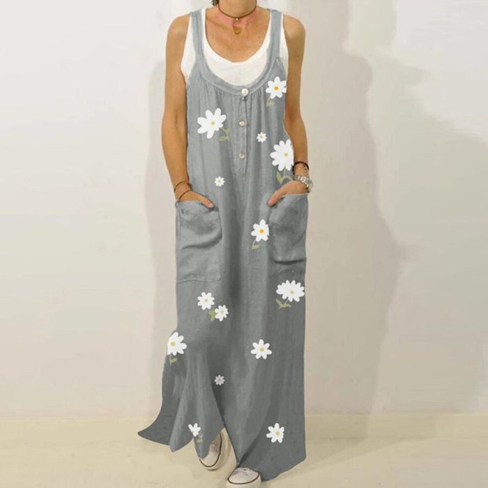 Flowers Print Cotton And Linen Mid-Length Slip Dress
