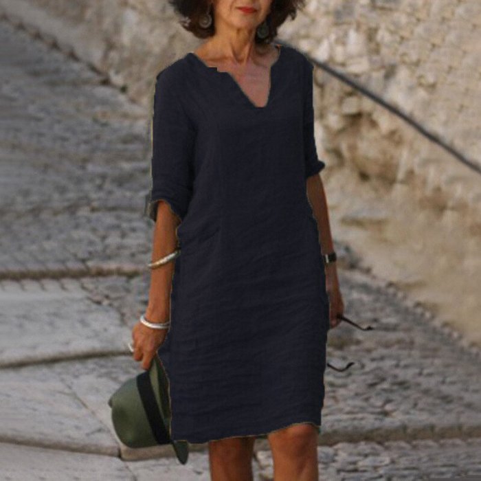 Solid Color V-Neck Cotton Linen Casual Dress