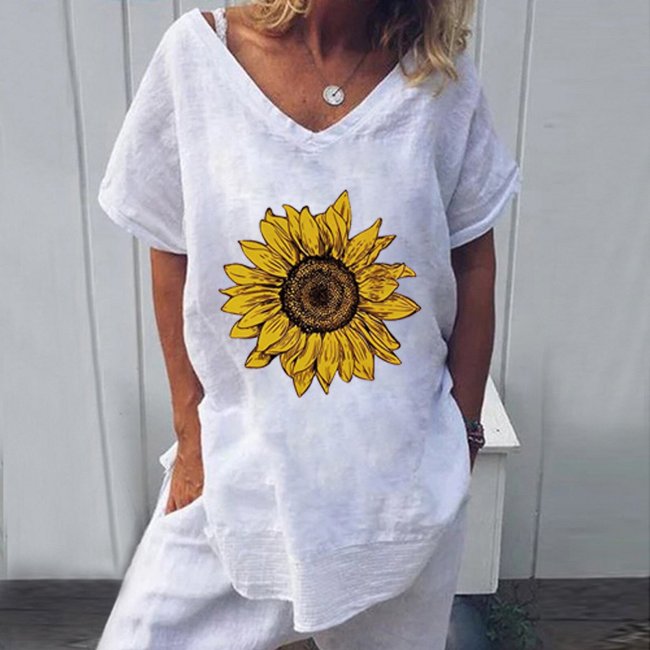 Sunflower print cotton and linen casual T-shirt women