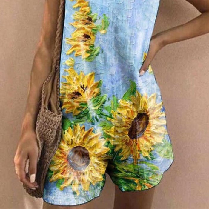 Women's Sunflower Printed Cotton Linen Jumpsuit