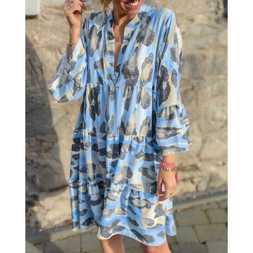 V-neck retro zipper print short-sleeved blouse for women