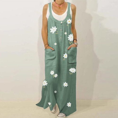 Flowers Print Cotton And Linen Mid-Length Slip Dress