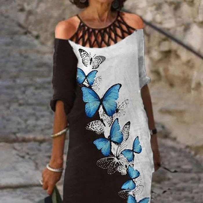 Ladies Cutout Off Shoulder Printed Cotton Linen Dress