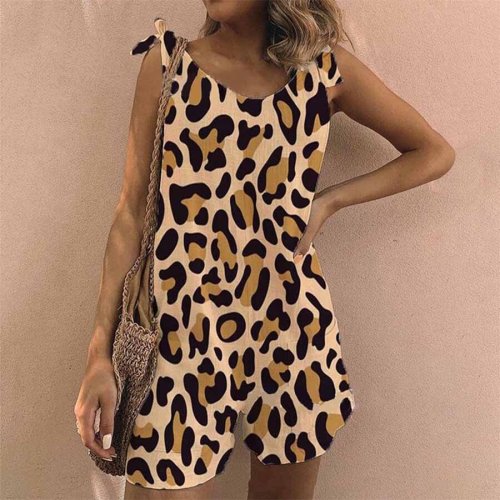 Women's Leopard Print Cotton Linen Jumpsuit
