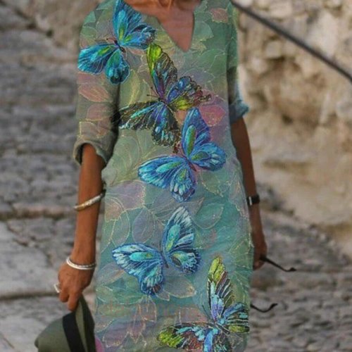 Butterfly Print V-neck Long Sleeve Casual Shift Dress