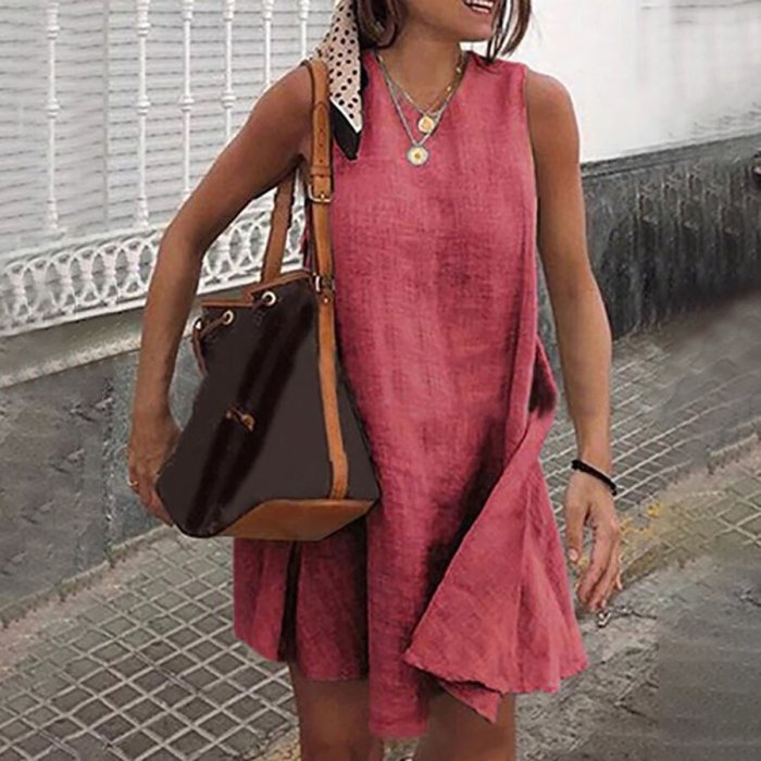 Casual Loose Cotton And Linen Holiday Mini Dress