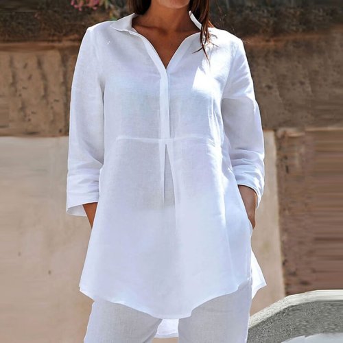 Ladies Cotton And Linen Solid Color Lapel Three-Quarter Sleeve Top