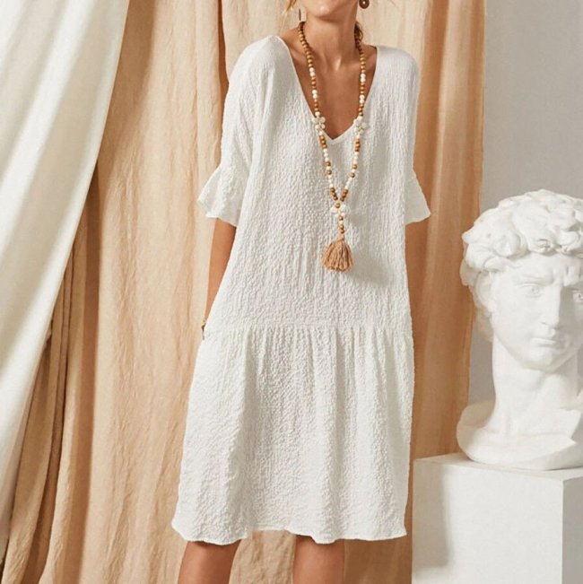 Solid Color Loose Ruffle Sleeve Cotton Linen Dress