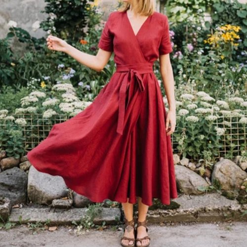 Red Casual Vintage Elegant V-Neck Cotton Linen Dress