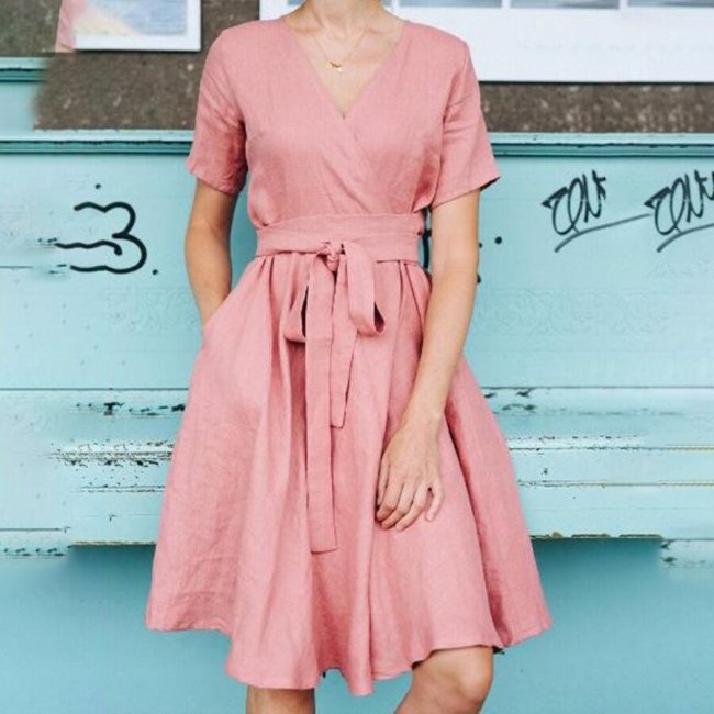 Pink Casual Vintage Elegant V-Neck Cotton Linen Dress